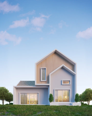 Nordic house exterior on the grassy knoll with copy space and blue sky.3d renderingの写真素材