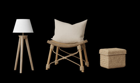 Wooden chair and floor lamp with pillow isolated.3d renderingの写真素材