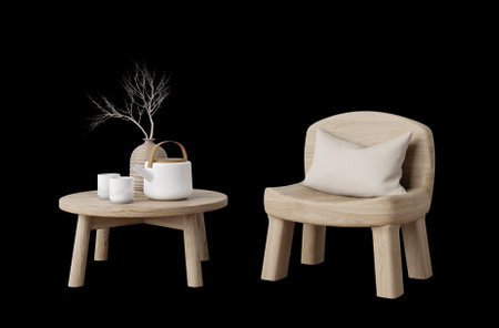 Wooden chair and table minimal style isolated.3d renderingの写真素材