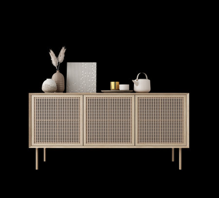 Wooden table and decoration objects isolated.3d renderingの写真素材