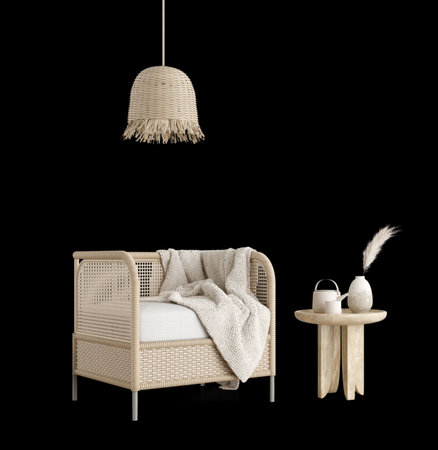 Boho armchair with ceiling lamp and side table isolated.3d renderingの写真素材
