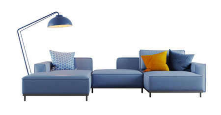 Blue sofa with pillows and floor lamp isolated.3d renderingの写真素材