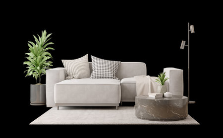 White sofa with table ,plant pot and rug isolated.3d rendering