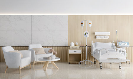 Hospital room with bed and living room.3d renderingの写真素材