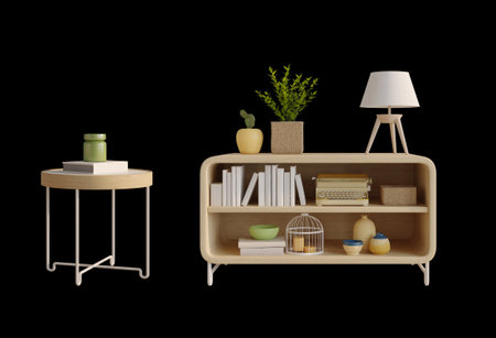 Wooden table and decoration objects isolated.3d renderingの写真素材