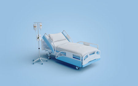 Hospital bed isolated on blue background.3d renderingの写真素材