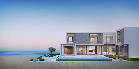 Panorama of Modern luxury beach house with sand and sea view.3d renderingの写真素材