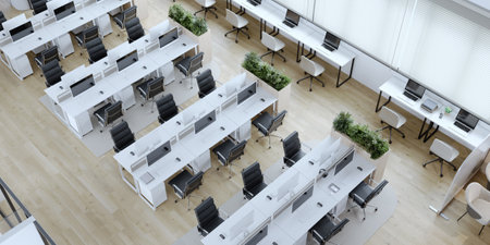 Top view of modern office interior with working desk.Panorama view. 3d renderingの写真素材