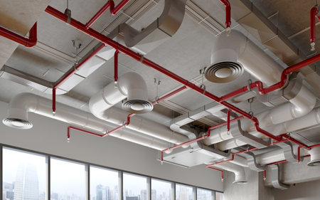 Ceiling view of MEP (Mechanical, Electrical, and Plumbing) systems, showcasing organized...