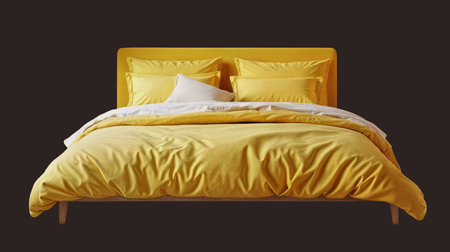 Modern yellow bed with yellow  bedding  isolated on backgroundの写真素材
