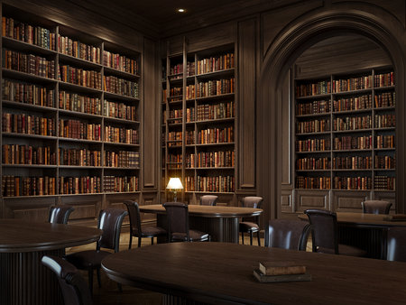 Elegant classic library interior close up with tall wooden bookshelves filled with vintage books. 3d renderingの写真素材