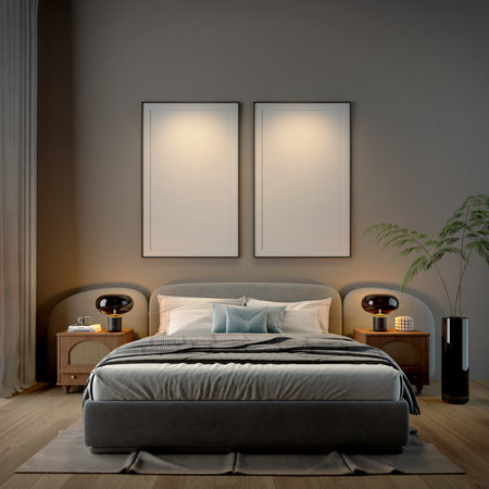 Dark bedroom with lighting and blank picture frame in modern style interior. 3d renderingの写真素材