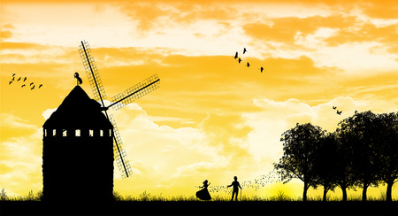Romantic silhouette with windmillのイラスト素材