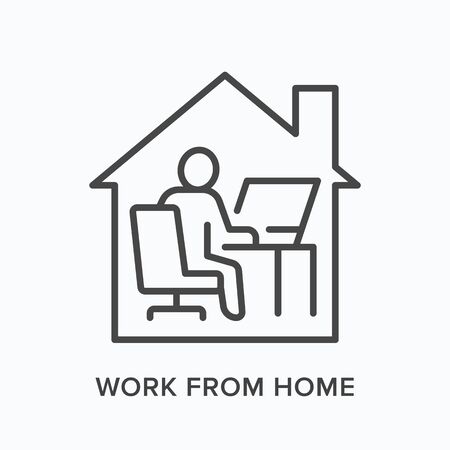 Man working on computer from home line icon.のイラスト素材