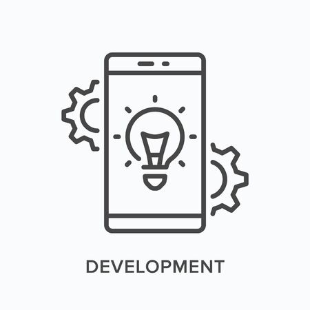 Development line icon. Vector outline illustration of mobile phone, light and cogwheel. Technology engineering pictorgamのイラスト素材