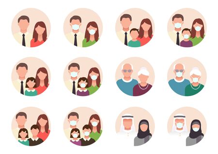 People avatar flat icons. Vector illustration included icon as man, female head, muslim, senior, familes and couples human face pictogram for user profile. Round colored cartoon portraitsのイラスト素材