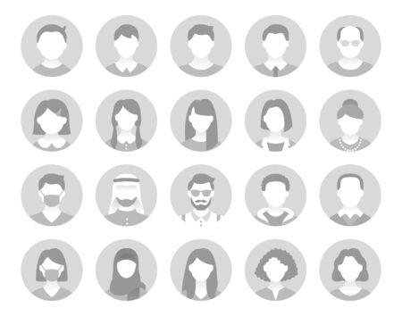People avatar flat icons. Vector illustration included icon as man, female, muslim, senior, adult and young human pictogram for user profile. Grey Colorのイラスト素材