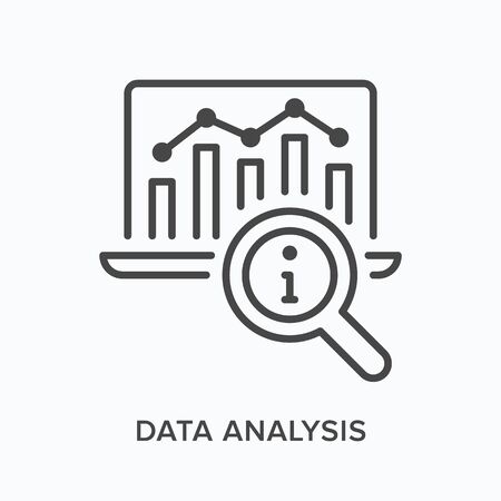 Data analysis flat line icon. Vector outline illustration of laptop with search glass. Analytics concept, financial thin linear pictogram.のイラスト素材