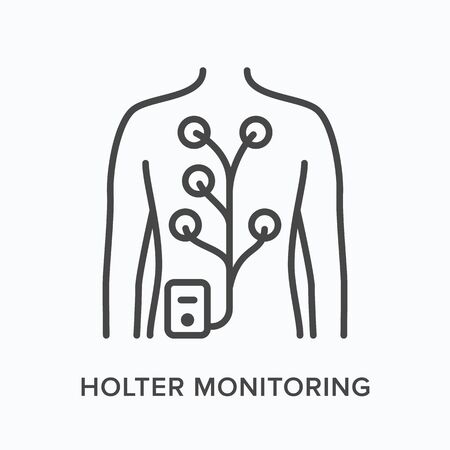 Holter monitor flat line icon. Vector outline illustration of man with electrodes on body. Cardiovascular, cardiology thin linear medical pictogramのイラスト素材