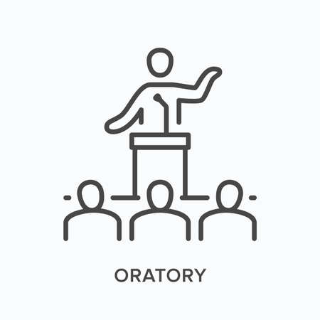 Public speaker flat line icon. Vector outline illustration of person giving presentation speech on tribune. Business conference, oratory training thin linear pictogramのイラスト素材