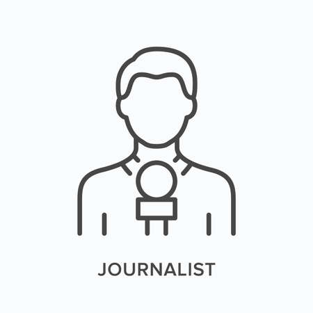 Journalist holding microphone flat line icon. Vector outline illustration of news. Live broadcast thin linear pictogramのイラスト素材