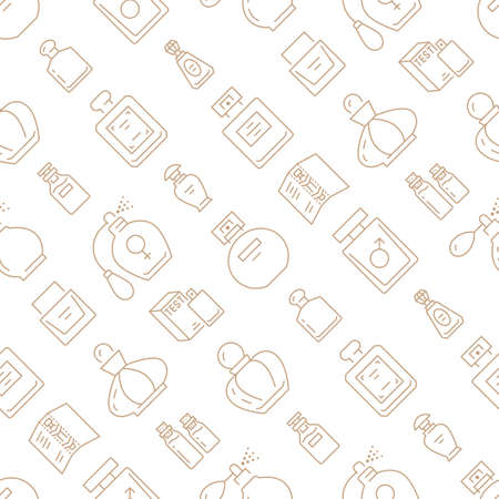 Perfume bottles seamless pattern with line icons. Vector background illustration included icon as glass sprayer, luxury parfum sampler, essential oil, cologne gold white wallpaper for cosmetic storeのイラスト素材