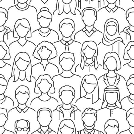 Crowd of people vector seamless pattern. Monochrome background with diverse unrecognizable business men, woman line icons. Black white color illustrationのイラスト素材