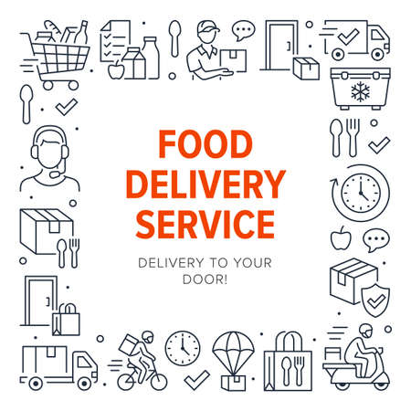 Food delivery poster frame with line icons. Vector illustration - courier on bike, door contactless delivering, grocery list, dinner outline pictogram for fast distribution flyer or brochureのイラスト素材