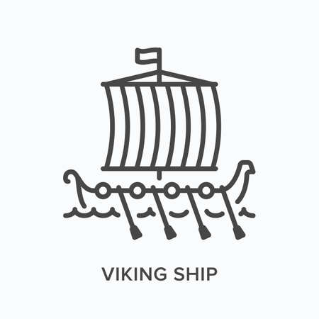 Viking ship flat line icon. Vector outline illustration of norse drakkar, nordic sail boat, sea transportation. Scandinavian longship thin linear pictogramのイラスト素材