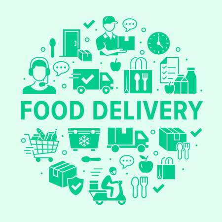 Food delivery circle poster with silhouette icons. Vector illustration - coutier on bike, door contactless delivering, grocery list, dinner flat pictogram for fast distribution flyer or brochureのイラスト素材