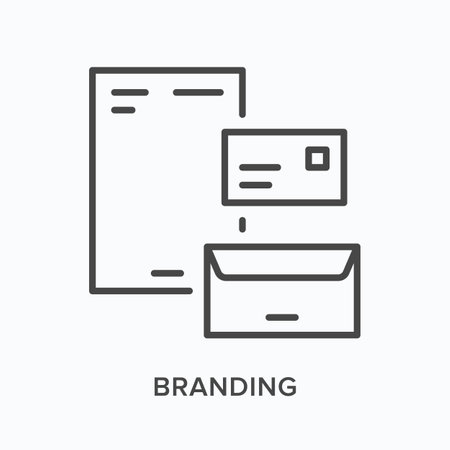 Branding flat line icon. Vector outline illustration of screen with envelop and document. Infographic design black thin linear pictogram for corporate identityのイラスト素材
