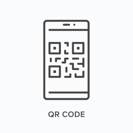 QR code flat line icon. Vector outline illustration of smartphone scanner. Black thin linear pictogram for digital linkのイラスト素材