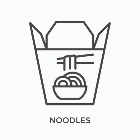 Noodle flat line icon. Vector outline illustration of asian takeaway food. Black thin linear pictogram for carton meal boxのイラスト素材