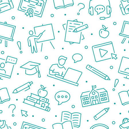 Online education seamless pattern. Vector background included line icons as laptop, student, personal study outline pictogram for school, colledge, university trainig. Editable Strokeのイラスト素材