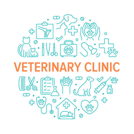 Veterinary clinic green color circle poster with line icons. Vector illustration included icon as cat, kitten, dog, xray, ultrasound, syringe, hospital, stethoscope outline pictogram for vet hospitalのイラスト素材