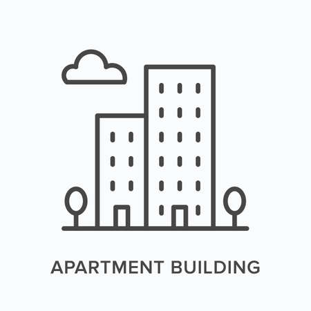 Apartment building flat line icon. Vector outline illustration of residential house. Black thin linear pictogram for hotelのイラスト素材
