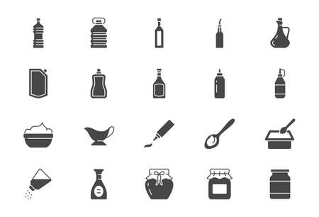 Sauces flat icons. Vector illustration include icon - jug, cup, vinegar, mayonnaise, ketchup, sour cream, cheese sauce, glyph silhouette pictogram for food spice. Black colorのイラスト素材