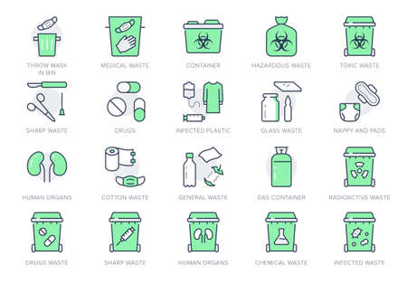 Medical waste devices line icons. Vector illustration include icon - glove, mask, biomedical, toxic, chemical, syringe outline pictogram for hazard trash. Green Color, Editable Stroke