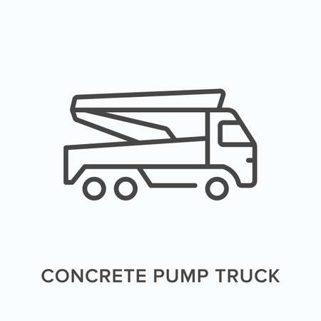 Concrete pump truck flat line icon. Vector outline illustration of construction transport equipment. Black thin linear pictogram for building industryのイラスト素材