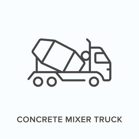 Concrete mixer truck flat line icon. Vector outline illustration of cement transportation. Black thin linear pictogram for building industryのイラスト素材