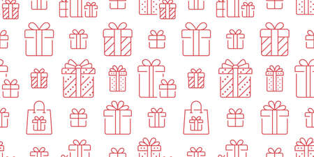 Gifts red seamless pattern. Vector on white background included line icons as box, wrap, xmas, surprise, paper, handbag outline pictogram for christmas presentのイラスト素材