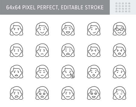 Emoticons line icons. Vector illustration include icon - mental health, worry, laugh, disappointed, confused outline pictogram for woman character expression. 64x64 Pixel Perfect, Editable Strokeのイラスト素材