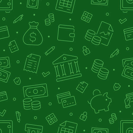 Money green seamless pattern. Vector on green background included line icons as piggy bank, wallet, credit card, banknote, cash, finance outline pictogram for bankingのイラスト素材