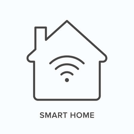 Country house internet flat line icon. Vector outline illustration of cottage and wifi. Black thin linear pictogram for suburban network communicationsのイラスト素材