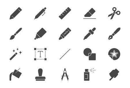 Drawing tool flat icons. Vector illustration include icon - pencil, paintbrush, divider, magic wand, wax crayon, marker glyph silhouette pictogram for stationery itemsのイラスト素材