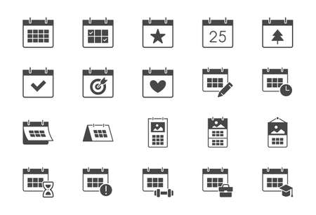 Calendar flat icons. Vector illustration include icon - hourglass, deadline, timetable, deadline, agenda, sandglass glyph silhouette pictogram for syllabus scheduleのイラスト素材