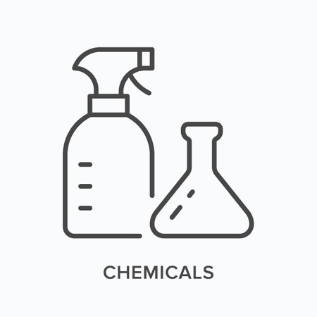 Chemicals flat line icon. Vector outline illustration of spray and beaker. Black thin linear pictogram for laboratory flasksのイラスト素材