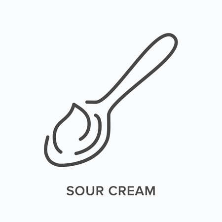 Sour cream flat line icon. Vector outline illustration of yogurt and spoon. Black thin linear pictogram for natural dairy productのイラスト素材
