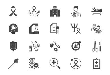 Cancer treatment flat icons. Vector illustration include icon - chemotherapy, radiology, doctor, hormone, mri diagnostic glyph silhouette pictogram for oncology clinicのイラスト素材