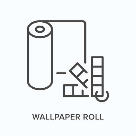 Wallpaper roll flat line icon. Vector outline illustration of scroll and palette. Black thin linear pictogram for home decorationのイラスト素材